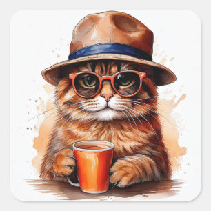 Autocollants carrés chat cool buvant du café