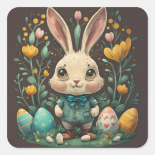 Autocollants carrés de lapin de Pâques vintage mig