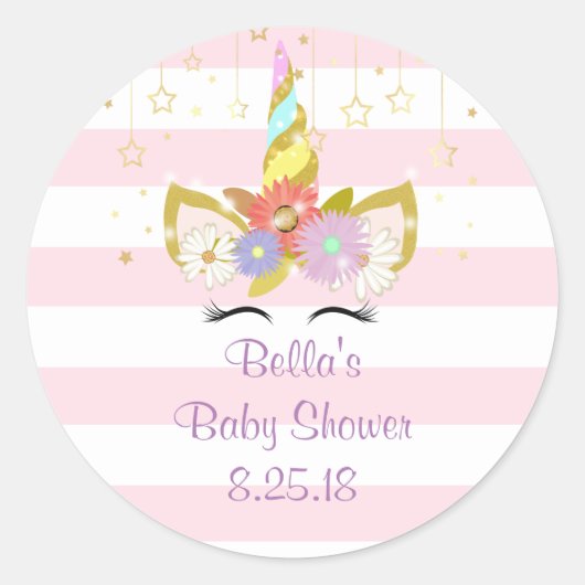 Autocollants de baby shower de licorne rose et or (Devant)