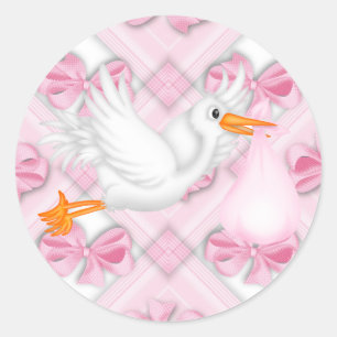 Autocollants de Baby Shower Pink Bows Pink Stork