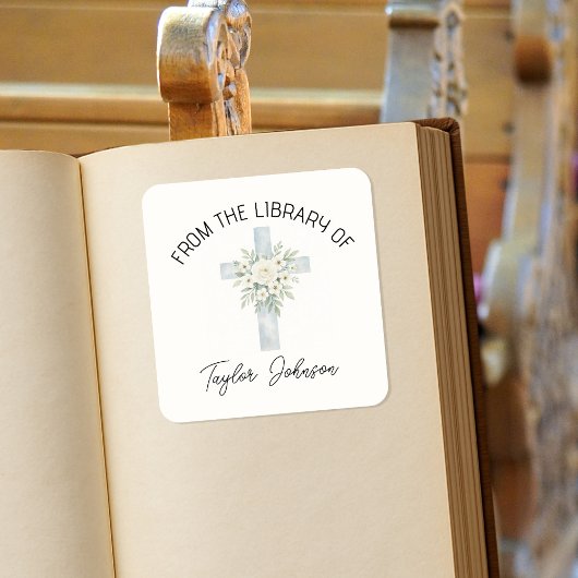 Autocollants de livres, bibliothèque croix florale