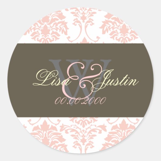 Autocollants de mariage à monogramme Damask rose (Devant)
