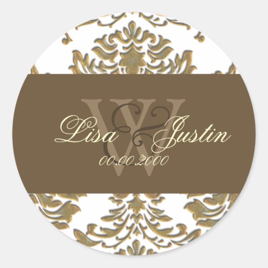Autocollants de mariage à monogramme en Damask or (Devant)