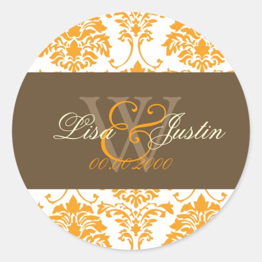 Autocollants de mariage monogramme Orange Damask (Devant)