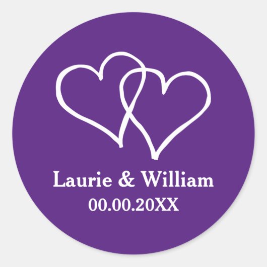 Autocollants de mariage royal violet double coeur (Devant)
