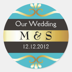 Autocollants de monogramme de mariage - Teal et or