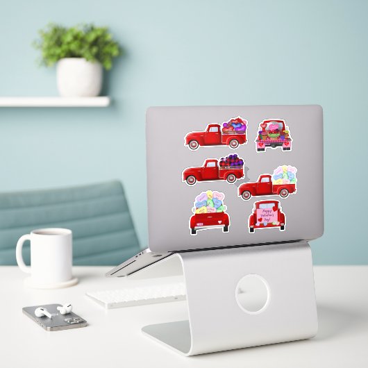 Autocollants Petits Camions Rouges Saint-Valentin (Ordinateur portable sur le bureau)