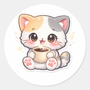 Autocollants Ronds Chat Café Kawaii – Plaquette Mi