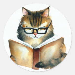 Autocollants Ronds Chat Lisant un Livre