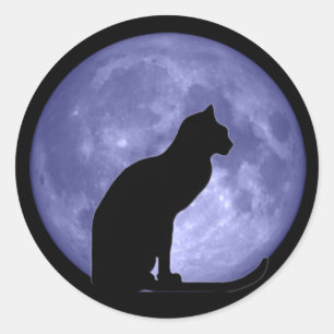Autocollants ronds de lune bleue de chat noir