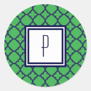 Autocollants vert-bleu de monogramme de Quatrefoil