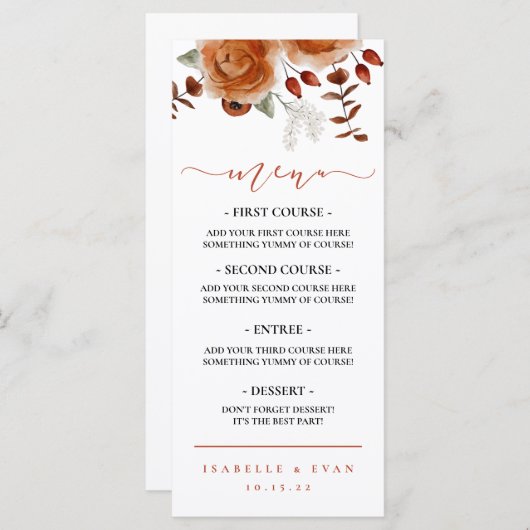 Automne Aquarelle Florale Mariage Dîner Menu (Devant / Derrière)