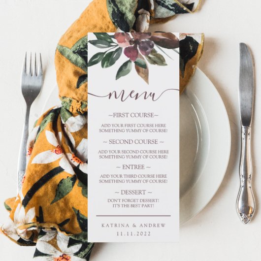Automne Aquarelle Florale Mariage Dîner Menu
