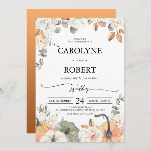 Automne Automne Floral Citrouille Faire-part de ma (Devant / Derrière)