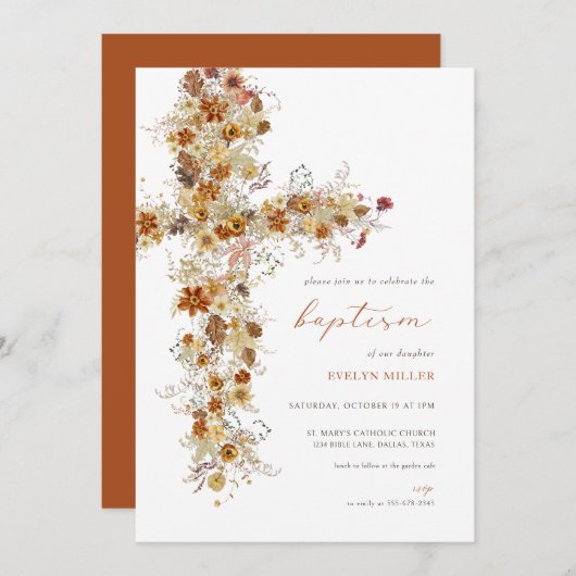 Automne Automne Floral Cross Baptism Invitation (Devant / Derrière)