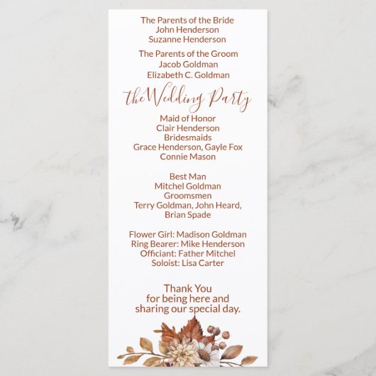 Automne Bouquet floral Programme de mariage blanc (Dos)