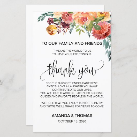 Automne Bourgogne Orange Carte de remerciements Fl (Devant / Derrière)