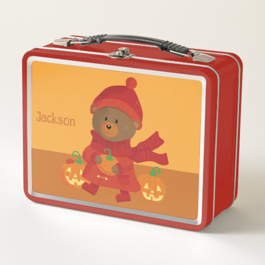 Automne Brown Ours Enfant Orange Métal Lunchbox (Devant)