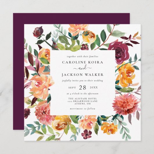 Automne Carré Floral Faire-part de mariage (Devant / Derrière)