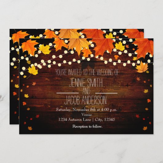 Automne Chaîne Lumières Bois Faire-part de mariage (Devant / Derrière)