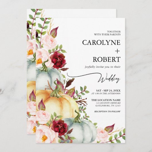 Automne Citrouille Floral Faire-part de mariage (Devant / Derrière)