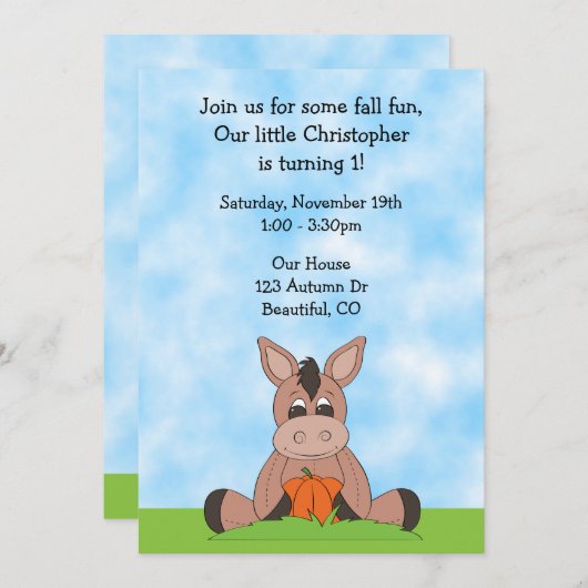 Automne Donkey 1er anniversaire Invitation (Devant / Derrière)