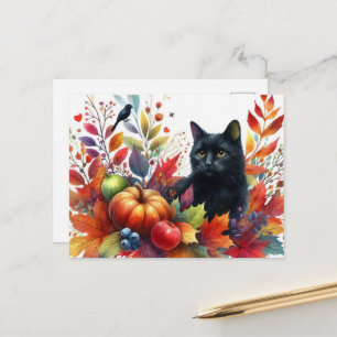 Automne Feuille orange et carte postale Chat noir
