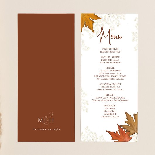 Automne Feuilles Élégant Mariage menu personnalisé