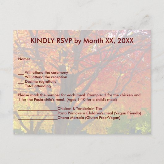 Automne Feuilles Mariage RSVP Menu Carte Postale (Devant)