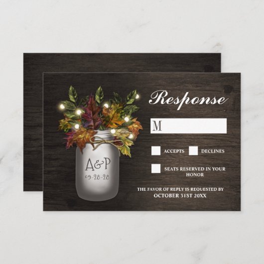 Automne Feuilles Mason Jar Mariage rustique Cartes (Devant / Derrière)