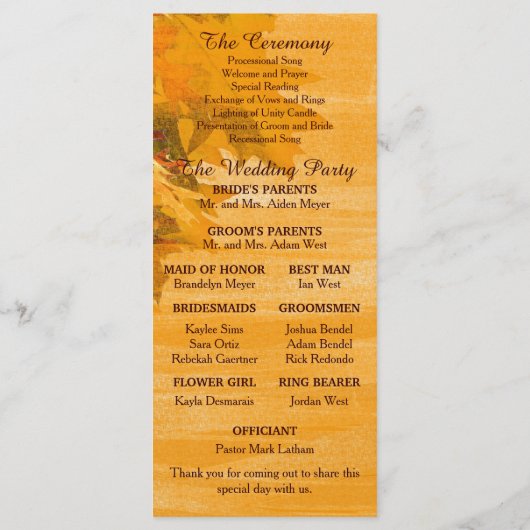 Automne Feuilles programme de mariage (Dos)