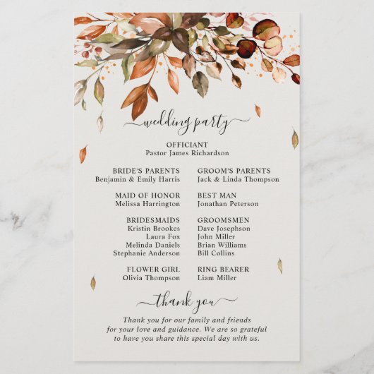 Automne Feuilles Russe Mariage campagnard Programm (Dos)