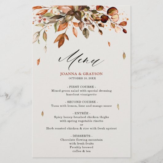 Automne Feuilles Rustique Mariage campagnard Menu (Devant)