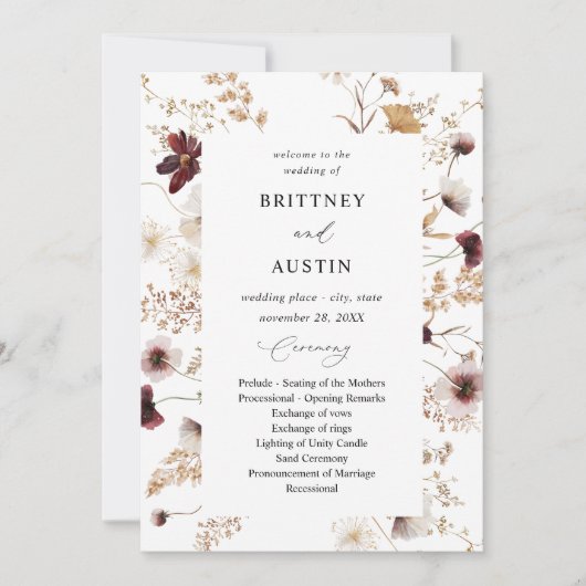 Automne Fleur sauvage Floral Mariage programme de  (Devant)