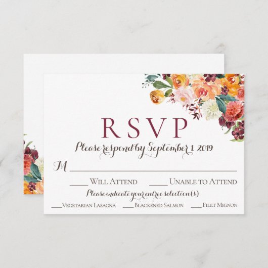 Automne Fleurs Mariage Cartes RSVP avec option de  (Devant / Derrière)