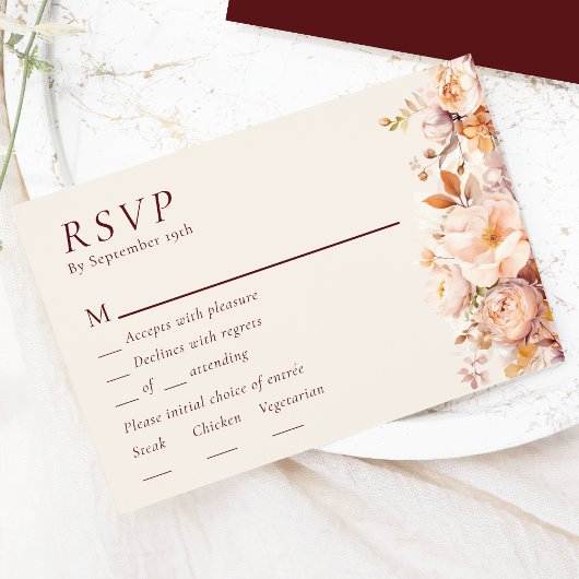 Automne Floral Bourgogne Crème Mariage Menu RSVP