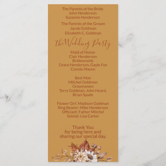 Automne Floral Gold Wedding Programme (Dos)