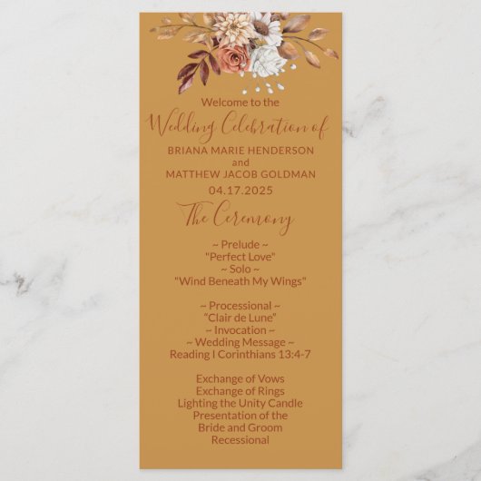 Automne Floral Gold Wedding Programme (Devant)