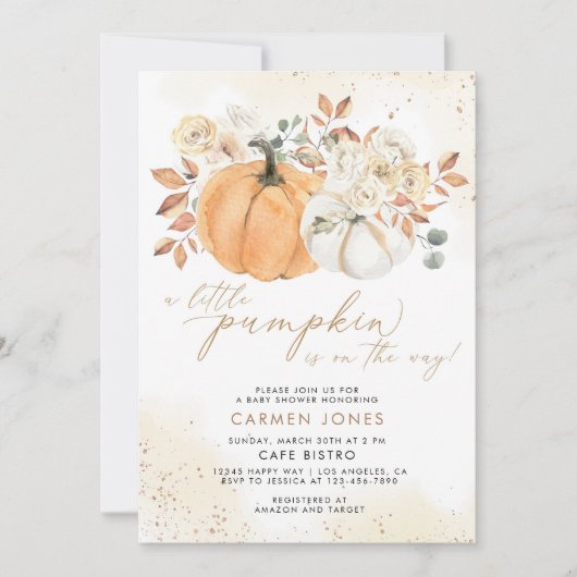 Automne Floral Little Citrouille Invitation Baby s (Devant)