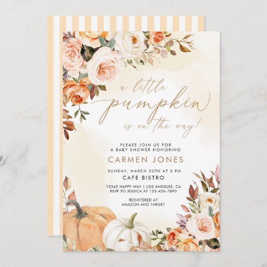 Automne Floral Little Citrouille Invitation Baby s (Devant / Derrière)