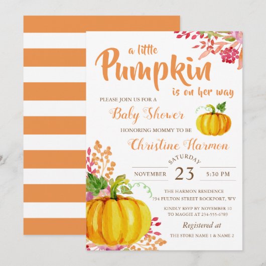 Automne Floral Little Citrouille Invitation Baby s (Devant / Derrière)
