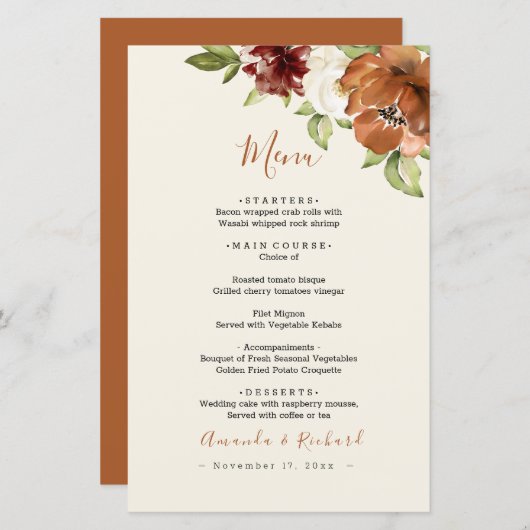 Automne Floral Orange foncé Menu Mariage (Devant / Derrière)