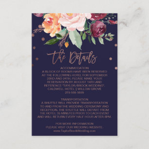 Automne Floral Rose Gold Mariage Détails Carte
