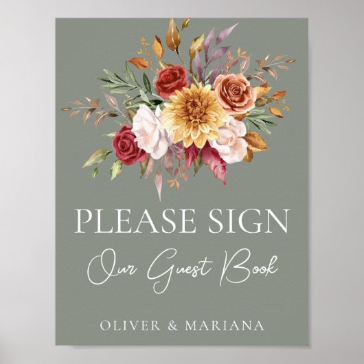 Automne Floral Sage Vert Mariage Livre d'or (Devant)