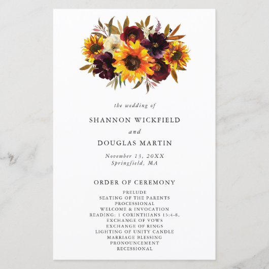 Automne Floral Sunflower Programme de mariage rust (Devant)
