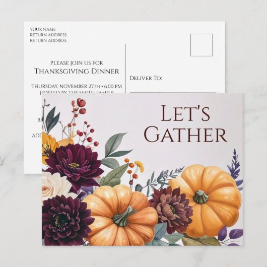 Automne Floral Thanksgiving Invitation Carte posta (Devant / Derrière)