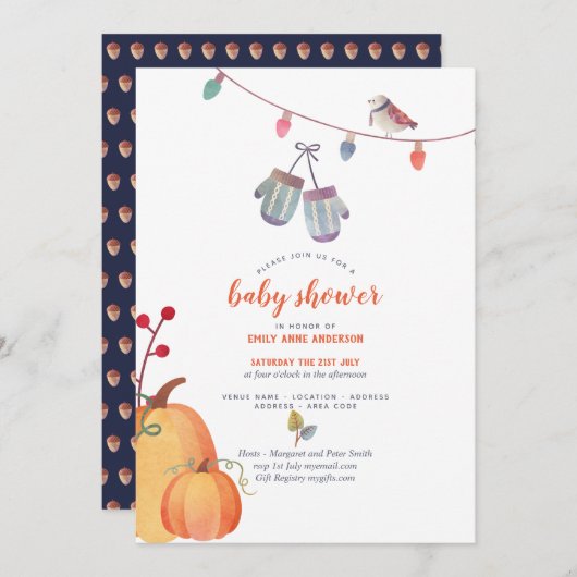 Automne Folk Art Baby shower Invitation Orange ble (Devant / Derrière)