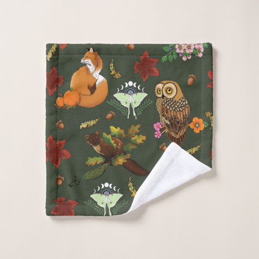 Automne Forêt forestière Animaux verts (Gant de toilette)