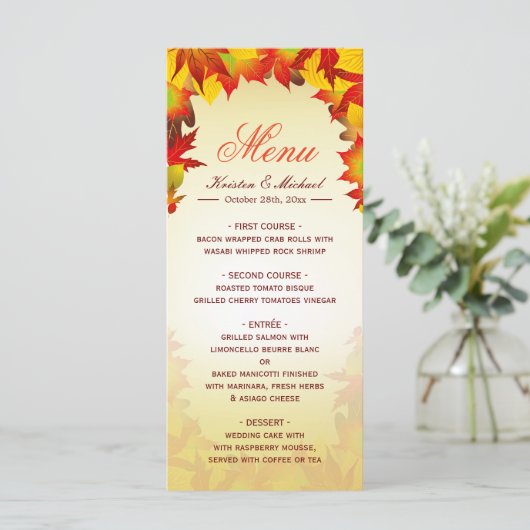 Automne Gold Red Fall Feuilles Mariage Menu Modèle (Debout devant)