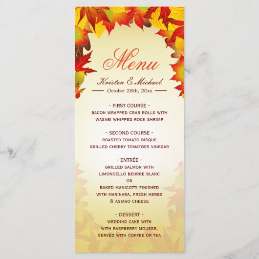 Automne Gold Red Fall Feuilles Mariage Menu Modèle (Devant)